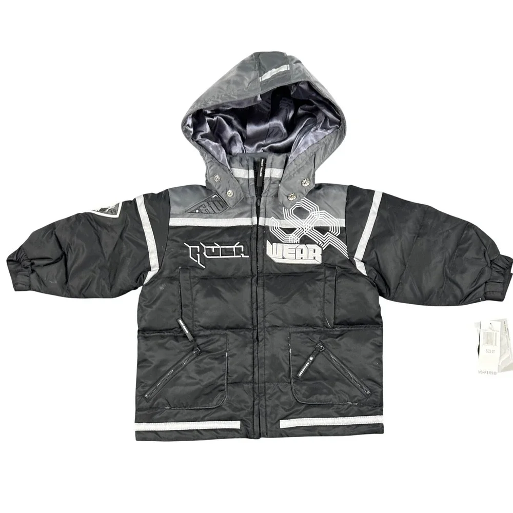 VTG Rocawear Toddler Boys 3T Down Puffer Jacket Black Gray Removable Hood NWT